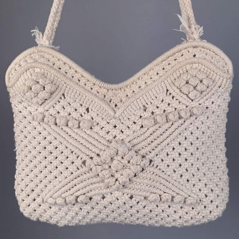 Vintage 70s Macrame Knit Large Bag Tote Purse - Picture 4 of 7